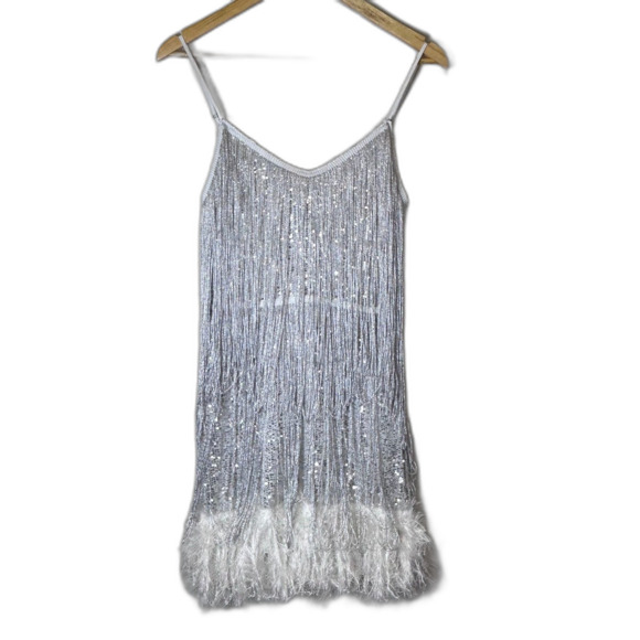 12th Tribe NWT Woman's Disco Fever Silver Fringe Sleeveless Mini Dress Size M - Picture 3 of 15